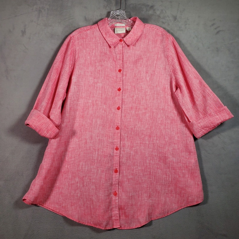 Chicos Top Womens M/2 Pink No Iron Loop Back 100% Linen Button 3/4 Sleeve Boho